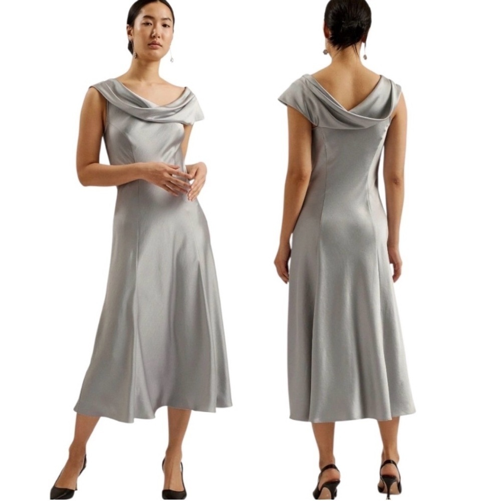 TED BAKER Sirinna Draped Neck Satin Silver Bias Cut Midi Dress sz 1